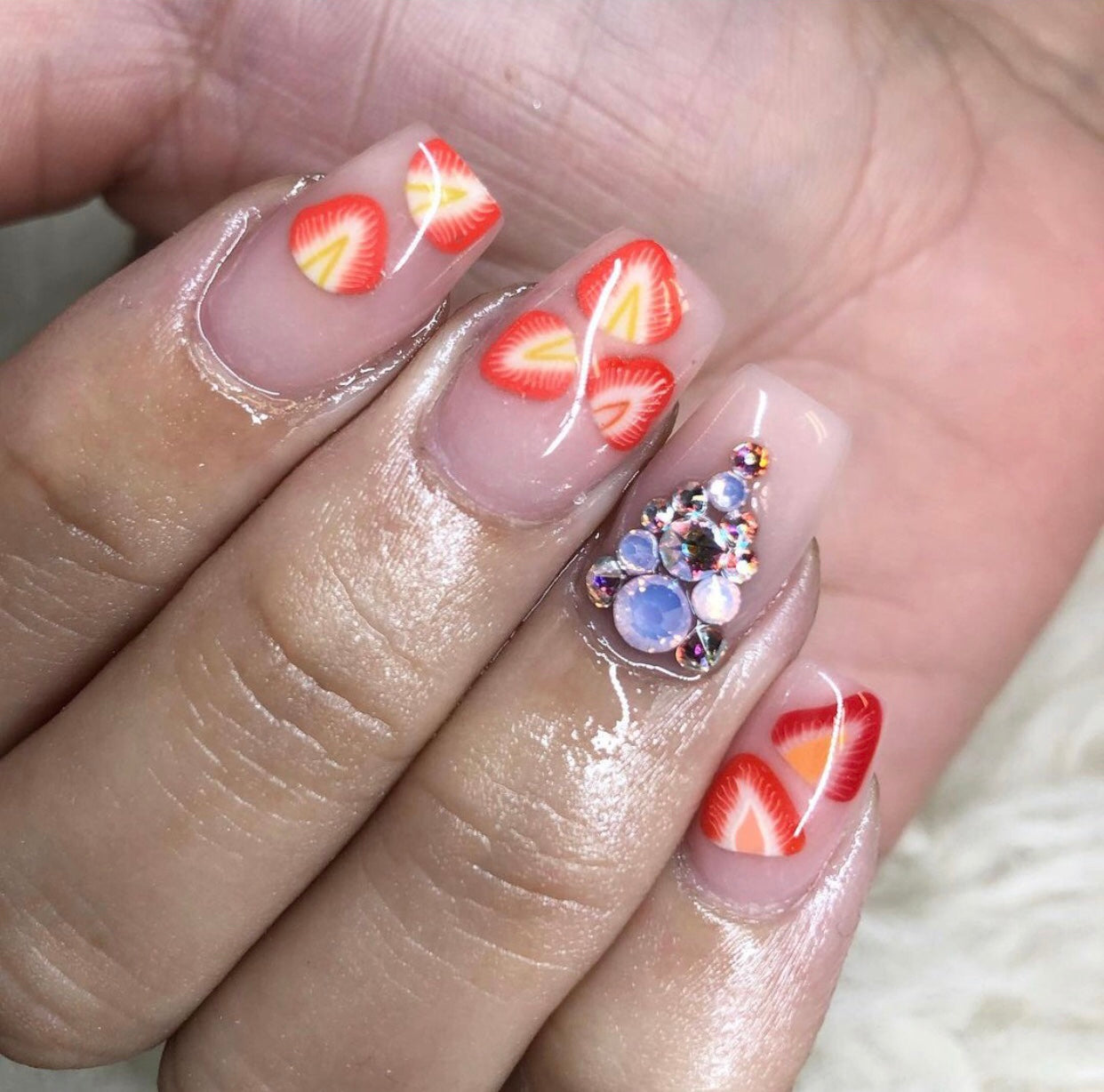 strawberry milky nails with fimo slices