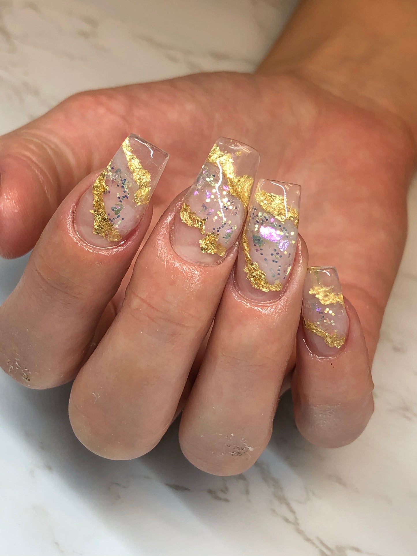 coffin nails with gold foil art and glitter